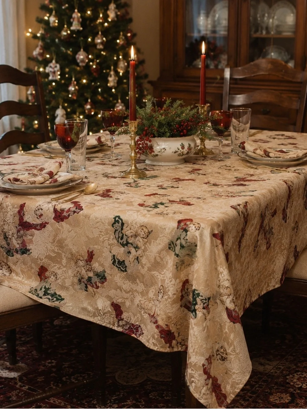 Vintage Christmas Cherub Tablecloth 50x100 Holiday TableCover Victorian Decor